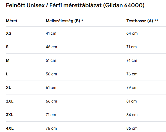 Unisex póló mérettáblázat